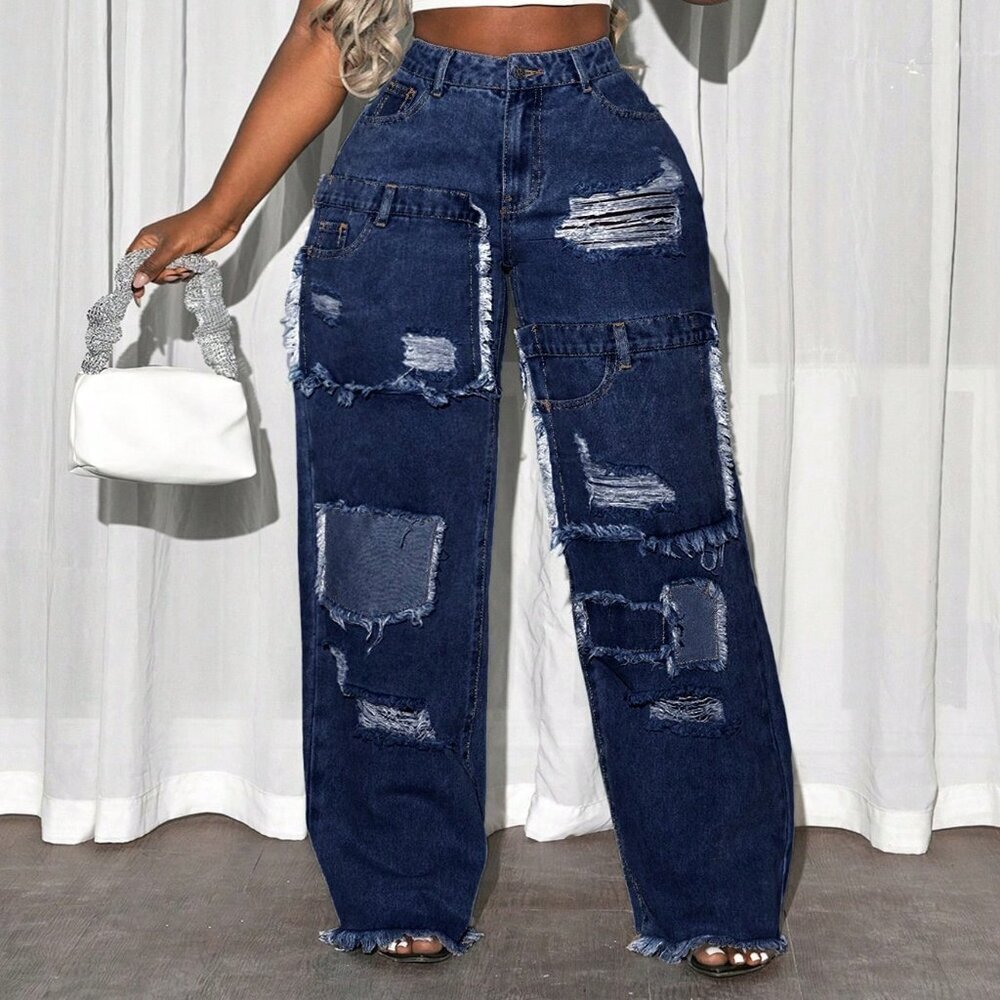 Blue Casual Women's Plus Size Street Ripped Denim Jeans